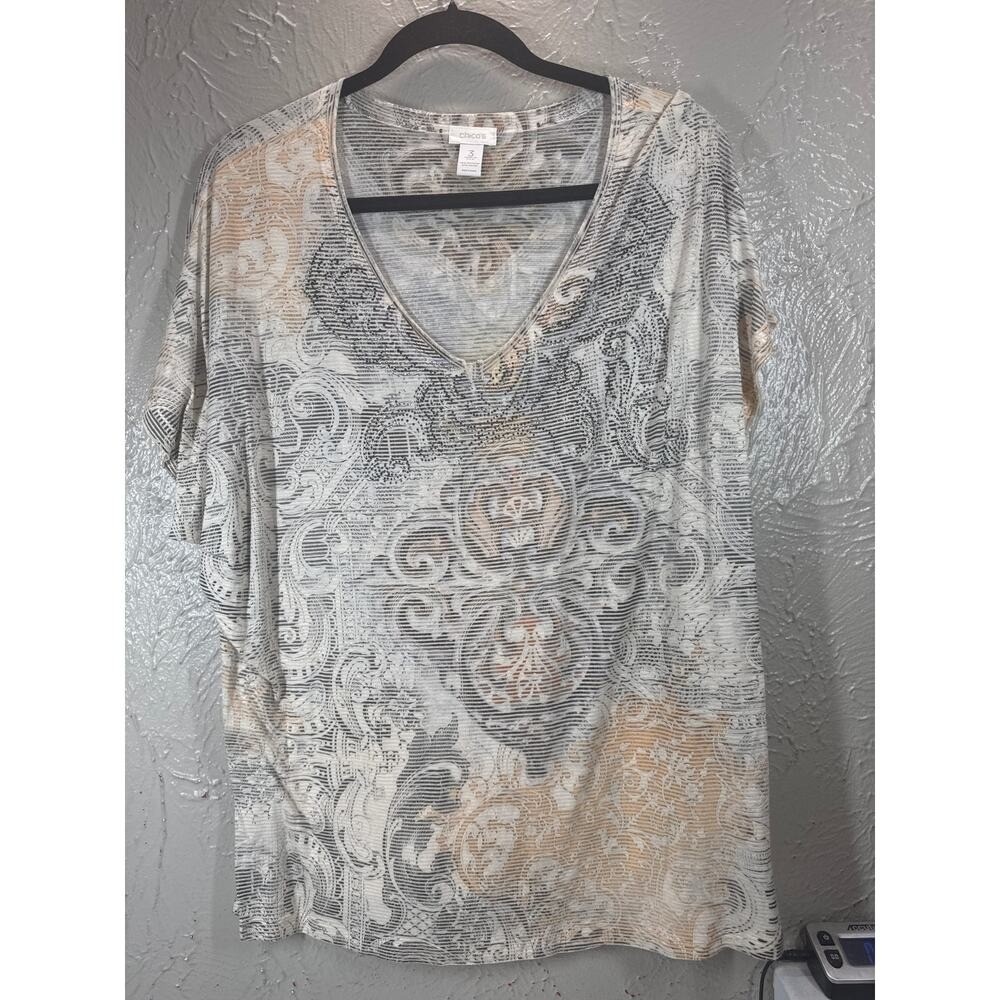 Chico's Womens Top Pink Beige Scroll Damask Print V Neck‎ Size 3 US XL/16